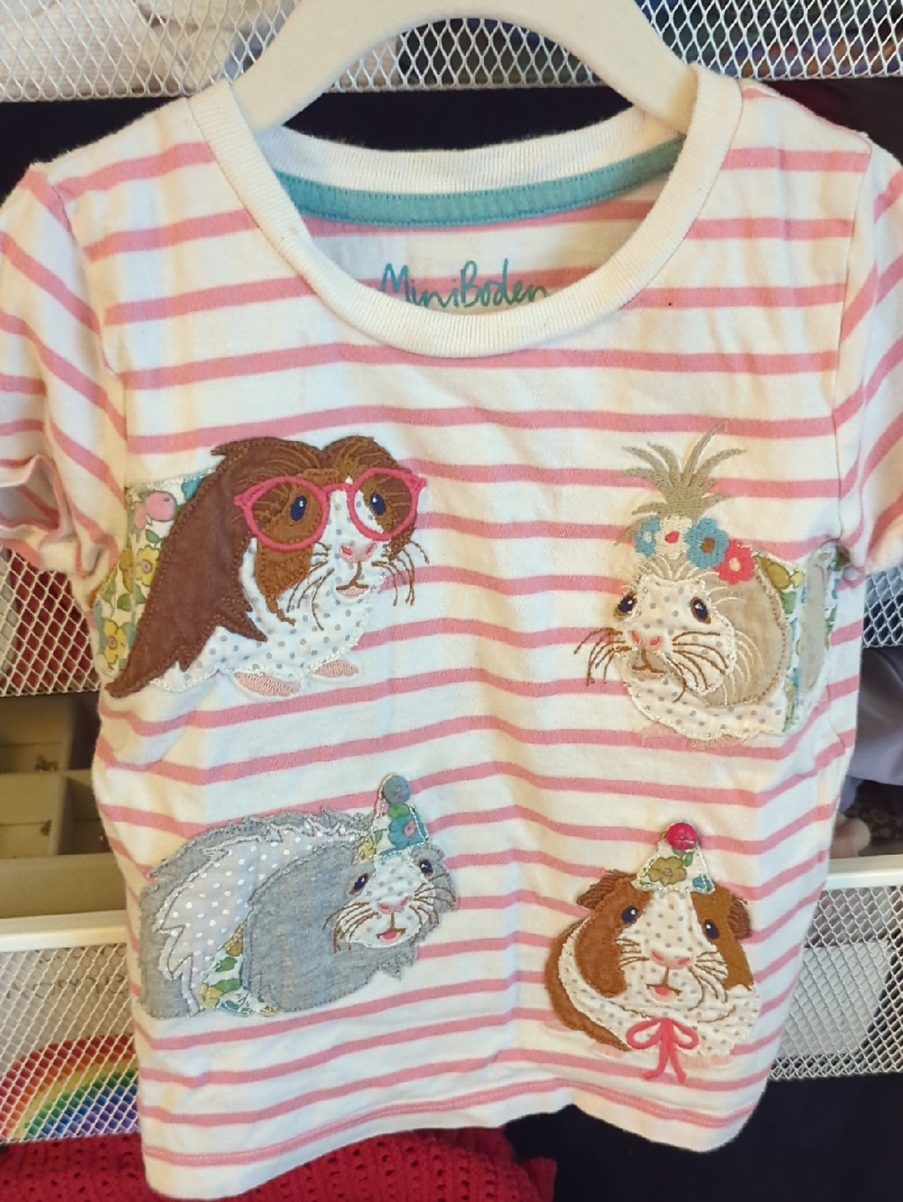 Mini Boden Pink and White Striped Tee with Guinea Pig Appliques